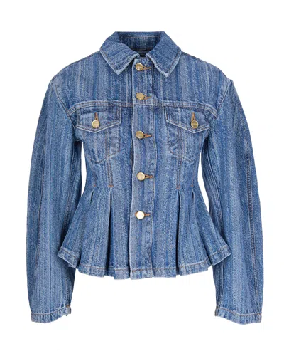Ganni Giubbino Plissettato In Denim A Righe Mid Blue Stone