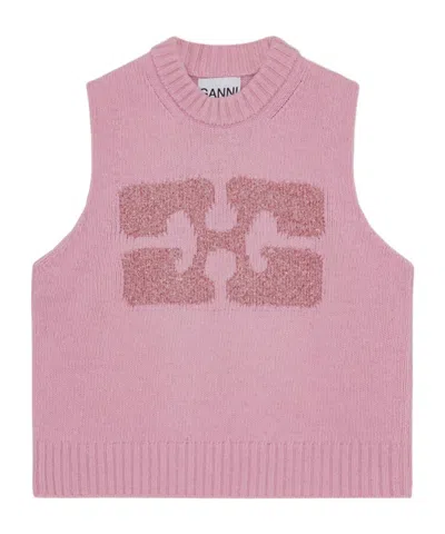 Ganni Glittery-logo Sleeveless Vest In Pink