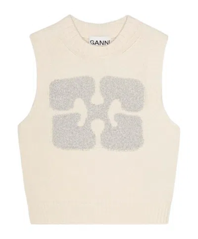 GANNI GANNI GLITTERY-LOGO CREWNECK SLEEVELESS KNITTED VEST