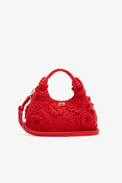 Ganni Mini Crochet Cotton Hobo Bag In Red