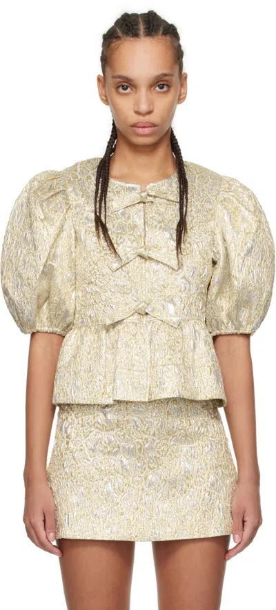 Ganni Metallic Blouse With Puff Sleeves And Bows In Silver