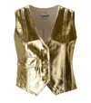 Ganni Gold Vest With Branded Buttons In Laminated Denim Woman In Gold