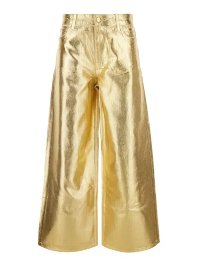 Ganni Gold Five Pockets Wide Jeans In Laminated Fabric Woman