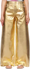 Ganni Gold Five Pockets Wide Jeans In Laminated Fabric Woman In 135 Egret