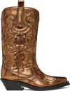 Ganni Gold Mid Shaft Embroidered Western Boots In 046 Bronze