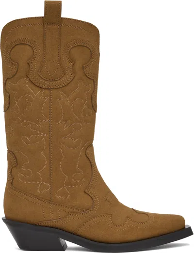 Ganni Gold Mid Shaft Embroidered Western Boots In 925 Tobacco Brown