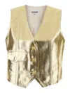 Ganni Gold Vest With Branded Buttons In Laminated Denim Woman In Metallic