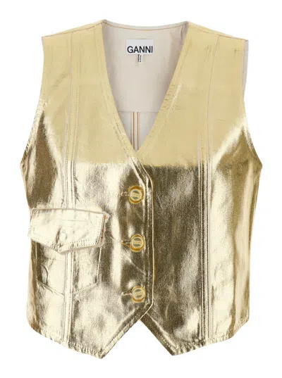 Ganni Gold Vest With Branded Buttons In Laminated Denim Woman