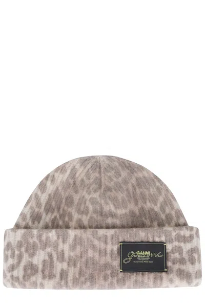 Ganni Womens Leopard Graphic Print Wool Blend Beanie In Brown
