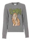 Ganni Bunny Wool Crewneck Sweater In Grey