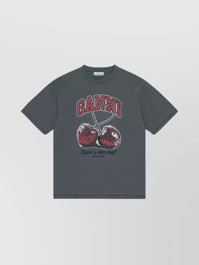 Ganni Graphic Cherry Print Crew Neck T-shirt In Grey