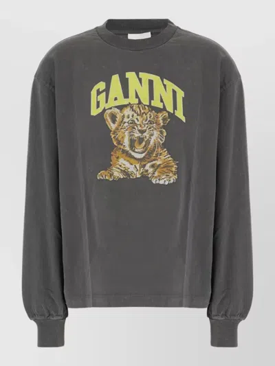 Ganni Graphic Crew Neck Cotton Sweatshirt In Gray