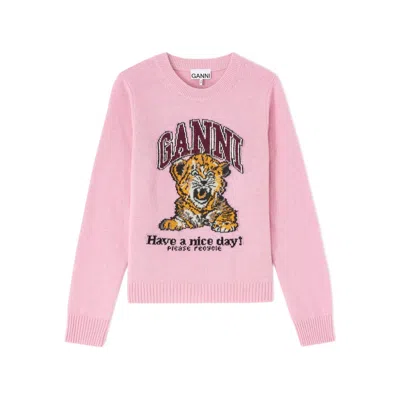 Ganni Graphic Print Long Sleeve Crew Neck Sweater In Pink