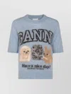 Ganni Light Blue Crewneck T-shirt With Maxi Logo Embroidery On The Front