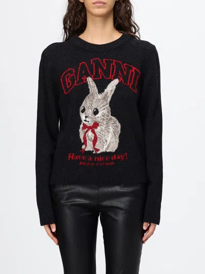 Ganni Graphic Jacquard Logo Wool Jumper With Crew Neck In Black