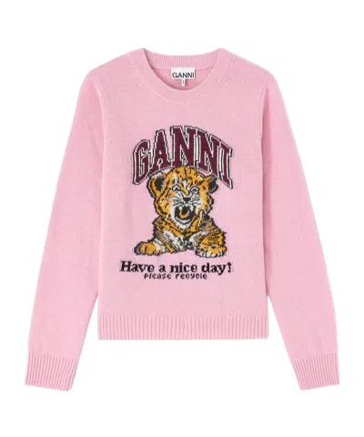 Ganni Graphic Print Long Sleeve Crew Neck Sweater In Pink