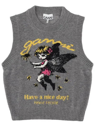 Ganni Graphic Knit Wool Gilet In Gray