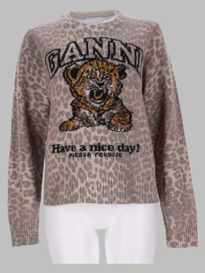 Ganni Graphic Leopard Print Crewneck Sweater In Neutral