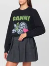 Ganni Playful Puppy Love Graphic Wool Blend Crewneck Sweater In Gray