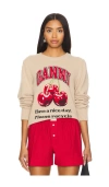 Ganni Graphic Wool Mix Cherry Crewneck Safari In 狩猎粉