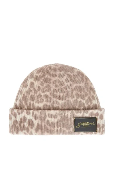 Ganni Womens Leopard Graphic Print Wool Blend Beanie In Brown