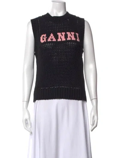 Pre-owned Ganni Graphic Print Crew Neck Sweater In Black