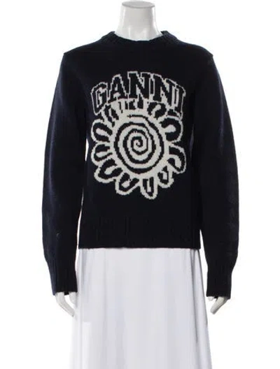 Pre-owned Ganni Graphic Print Crew Neck Sweater In Blue