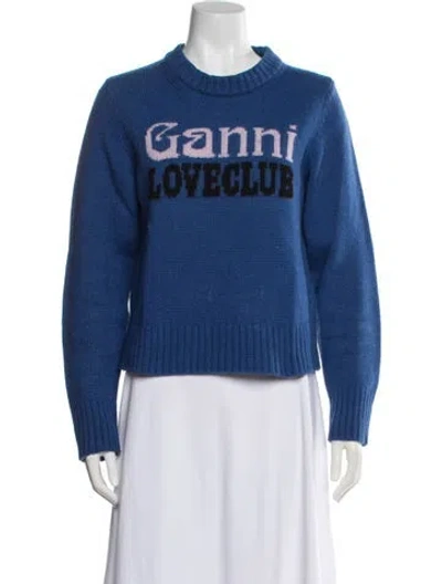 Pre-owned Ganni Graphic Print Crew Neck Sweater In Blue