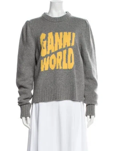 Pre-owned Ganni Graphic Print Crew Neck Sweater In Gray