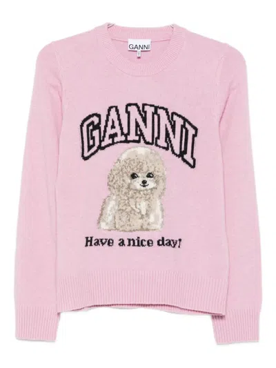 Ganni Poodle Graphic Crewneck Sweater With Relaxed Fit In Pink