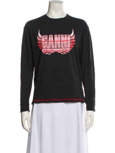Pre-owned Ganni Graphic Print Crew Neck Sweatshirt In Black