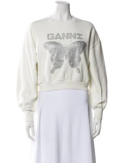 Pre-owned Ganni Graphic Print Crew Neck Sweatshirt In White