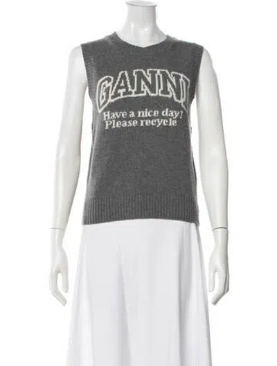 Pre-owned Ganni Graphic Print Crew Neck Top W/ Tags In Gray