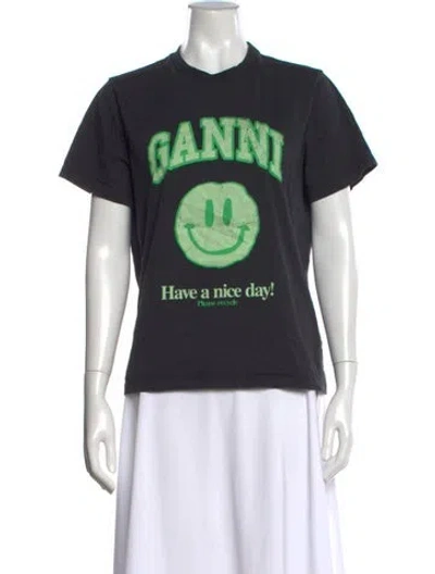 Pre-owned Ganni Graphic Print Crew Neck T-shirt In Black