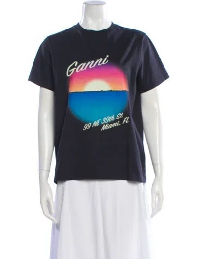 Pre-owned Ganni Graphic Print Crew Neck T-shirt In Blue
