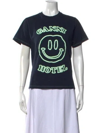 Pre-owned Ganni Graphic Print Crew Neck T-shirt In Blue