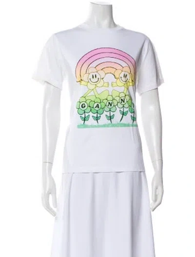 Pre-owned Ganni Graphic Print Crew Neck T-shirt In White