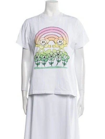 Pre-owned Ganni Graphic Print Crew Neck T-shirt In White