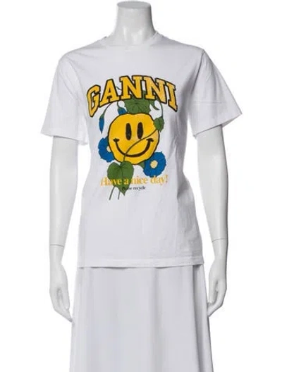 Pre-owned Ganni Graphic Print Crew Neck T-shirt In White