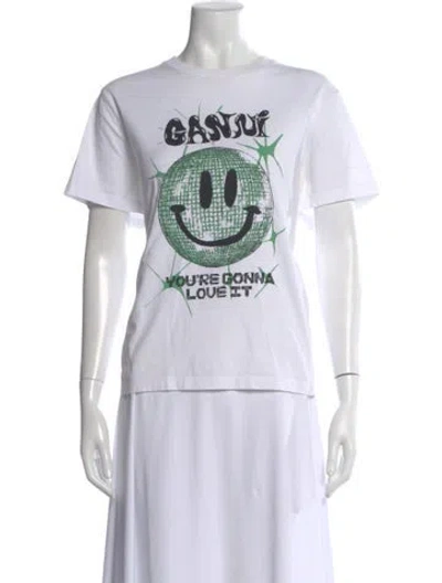 Pre-owned Ganni Graphic Print Crew Neck T-shirt In White