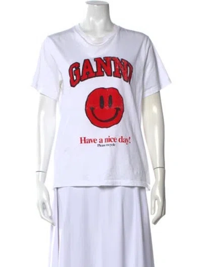 Pre-owned Ganni Graphic Print Crew Neck T-shirt In White