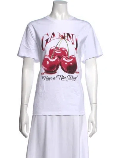 Pre-owned Ganni Graphic Print Crew Neck T-shirt In White