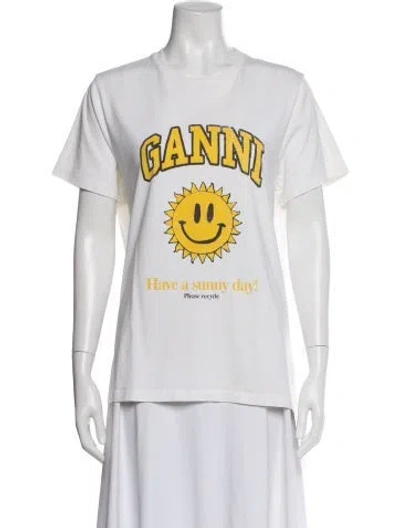 Pre-owned Ganni Graphic Print Crew Neck T-shirt In White