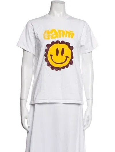 Pre-owned Ganni Graphic Print Crew Neck T-shirt In White
