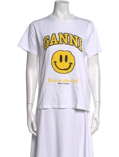 Pre-owned Ganni Graphic Print Crew Neck T-shirt In White