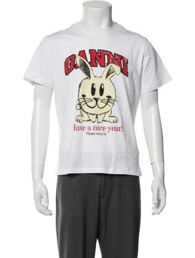 Pre-owned Ganni Graphic Print Crew Neck T-shirt In White