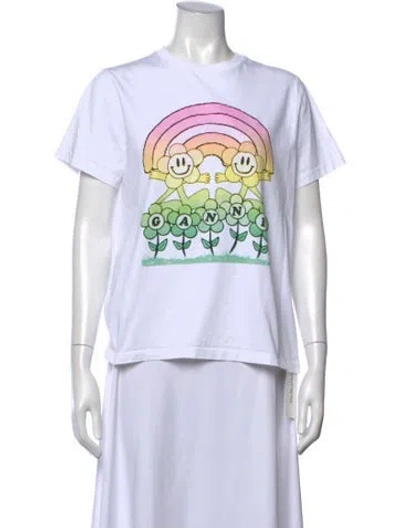 Pre-owned Ganni Graphic Print Crew Neck T-shirt In White