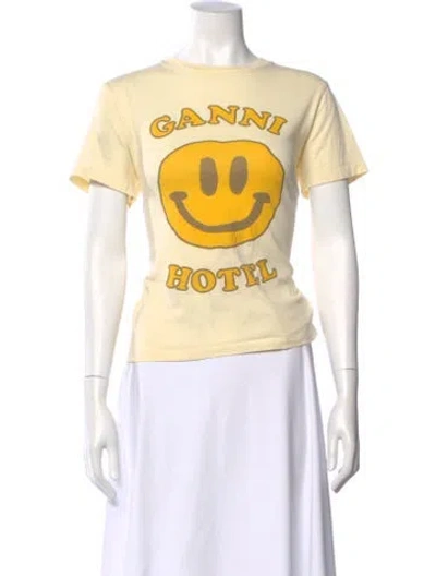 Pre-owned Ganni Graphic Print Crew Neck T-shirt In Yellow