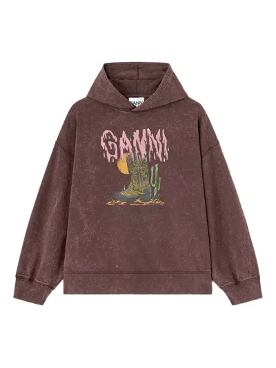 Ganni Graphic-print Hoodie In Brown