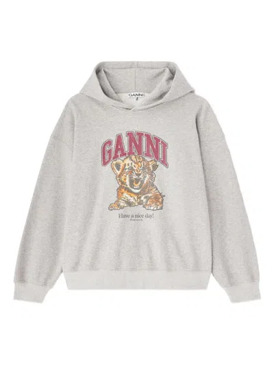 Ganni Graphic-print Hoodie In Gray